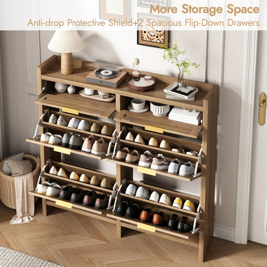 Extra Large Rattan Shoe Storage Cabinet with 4 Flip Drawers & 2 Regular Drawers, Slim Hidden Shoe Organizer for Entryway, Spacious Tabletop Surface, Farmhouse Boho Style Narrow Shoe Cabinet