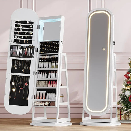 Elegant Lockable 360-Degree Rotating Jewelry Cabinet with Built-In Lights, Freestanding Jewelry Storage Armoire with Inner Mirror & Multi-Tier Storage Shelves, Ideal Bedroom, Cloakroom & Living Room Furniture, Perfect Dorm Must-Haves