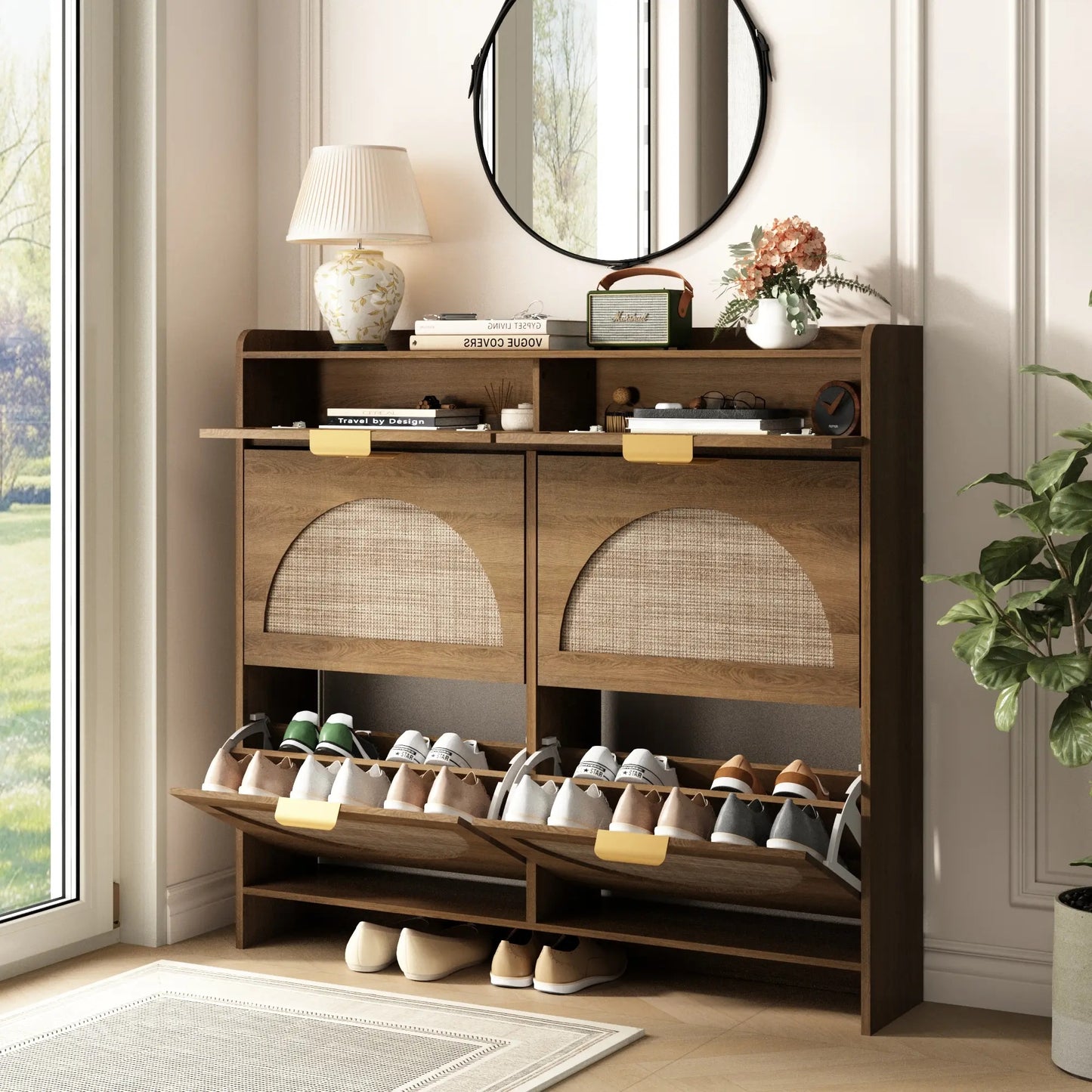 Extra Large Rattan Shoe Storage Cabinet with 4 Flip Drawers & 2 Regular Drawers, Slim Hidden Shoe Organizer for Entryway, Spacious Tabletop Surface, Farmhouse Boho Style Narrow Shoe Cabinet