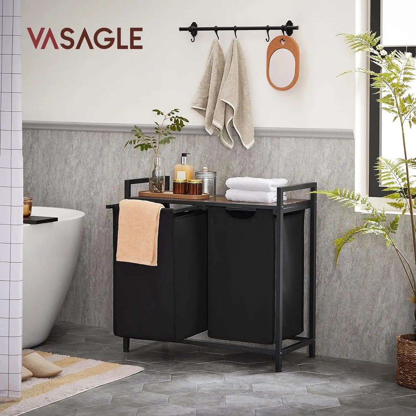 Metal Frame Laundry Sorter Hamper with Top Storage Shelf, 2/3 Compartment Classification Laundry Basket, Detachable Pull-out Wash Bags Available, 2 Grid 46L / 3 Grid 38L Capacity, Adjustable Steel Structure Household Plastic Sundries Storage Organizer