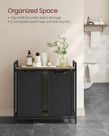 Metal Frame Laundry Sorter Hamper with Top Storage Shelf, 2/3 Compartment Classification Laundry Basket, Detachable Pull-out Wash Bags Available, 2 Grid 46L / 3 Grid 38L Capacity, Adjustable Steel Structure Household Plastic Sundries Storage Organizer