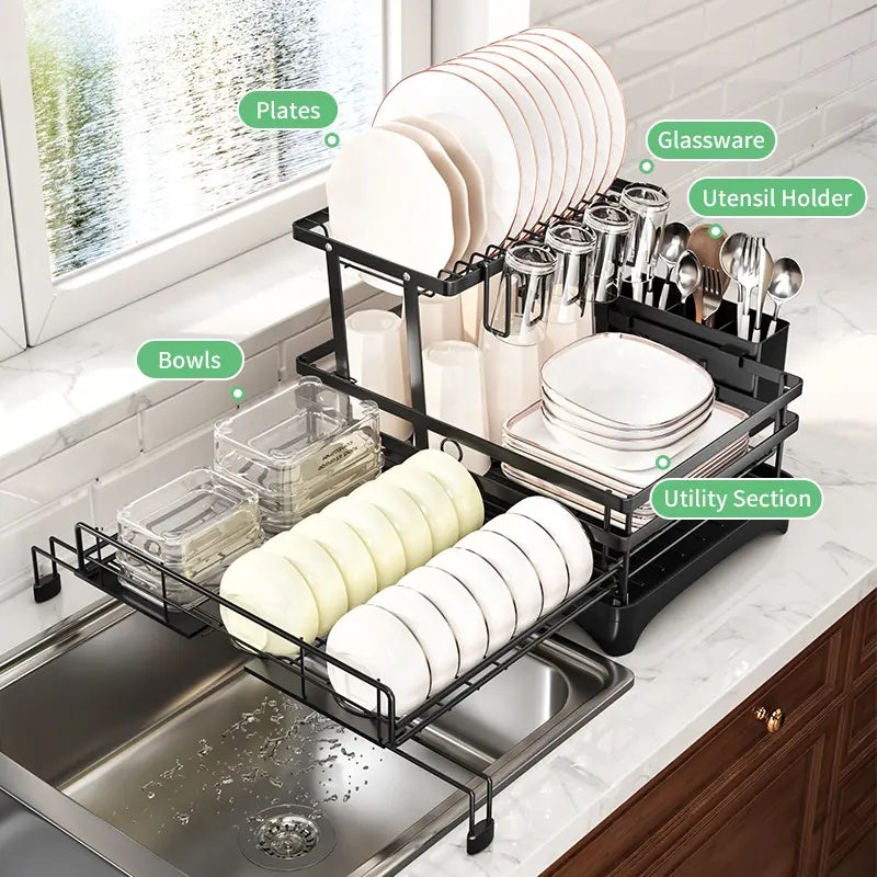 Space-Saving Foldable Over Sink Dish Rack | Pull-Out Double-Tier Dish Drainer Equipped with Utensil Container | Functional Kitchen Organizer Perfect for Limited-Space Kitchens