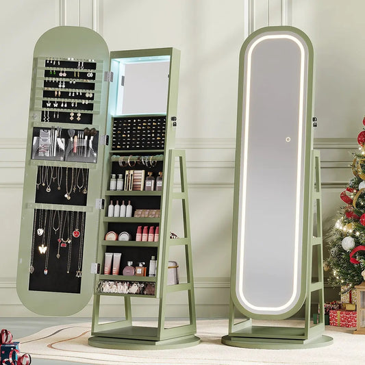 Elegant Lockable 360-Degree Rotating Jewelry Cabinet with Built-In Lights, Freestanding Jewelry Storage Armoire with Inner Mirror & Multi-Tier Storage Shelves, Ideal Bedroom, Cloakroom & Living Room Furniture, Perfect Dorm Must-Haves