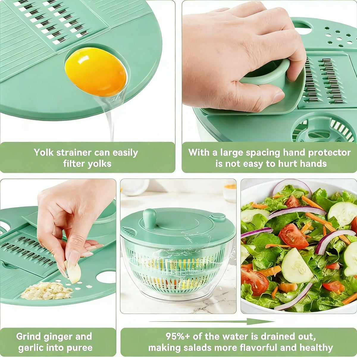 Large 3‑in‑1 Salad Spinner, Fruit & Vegetable Washing Strainer Bowl, Lettuce Dryer with 5‑Blade Slicer & Egg Yolk Separator, 5.3 Qt Multi‑Function Salad Prep Bowl, Practical Kitchen Gadget Set #SummerVibes