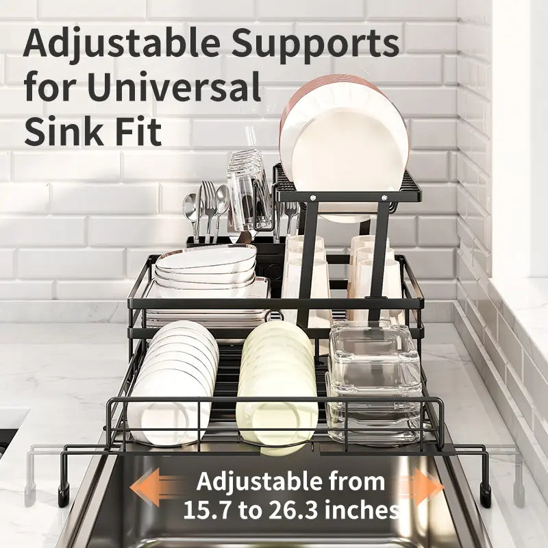 Space-Saving Foldable Over Sink Dish Rack | Pull-Out Double-Tier Dish Drainer Equipped with Utensil Container | Functional Kitchen Organizer Perfect for Limited-Space Kitchens