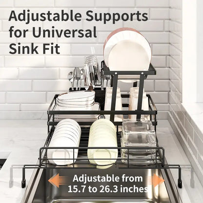 Space-Saving Foldable Over Sink Dish Rack | Pull-Out Double-Tier Dish Drainer Equipped with Utensil Container | Functional Kitchen Organizer Perfect for Limited-Space Kitchens