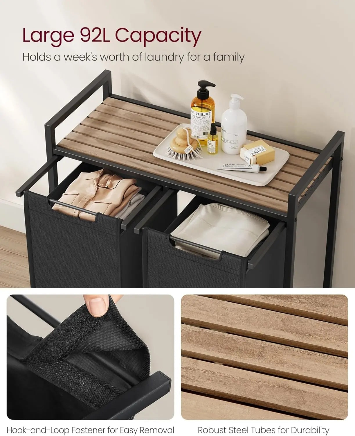 Metal Frame Laundry Sorter Hamper with Top Storage Shelf, 2/3 Compartment Classification Laundry Basket, Detachable Pull-out Wash Bags Available, 2 Grid 46L / 3 Grid 38L Capacity, Adjustable Steel Structure Household Plastic Sundries Storage Organizer