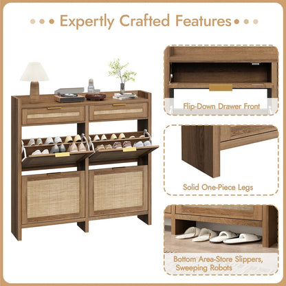 Extra Large Rattan Shoe Storage Cabinet with 4 Flip Drawers & 2 Regular Drawers, Slim Hidden Shoe Organizer for Entryway, Spacious Tabletop Surface, Farmhouse Boho Style Narrow Shoe Cabinet