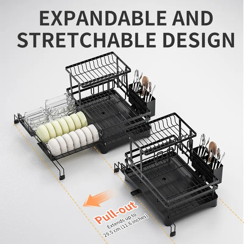 Space-Saving Foldable Over Sink Dish Rack | Pull-Out Double-Tier Dish Drainer Equipped with Utensil Container | Functional Kitchen Organizer Perfect for Limited-Space Kitchens