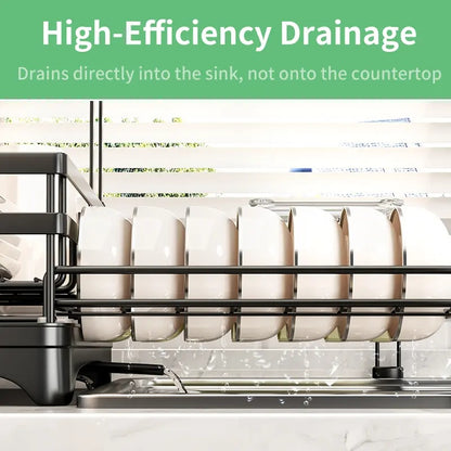 Space-Saving Foldable Over Sink Dish Rack | Pull-Out Double-Tier Dish Drainer Equipped with Utensil Container | Functional Kitchen Organizer Perfect for Limited-Space Kitchens