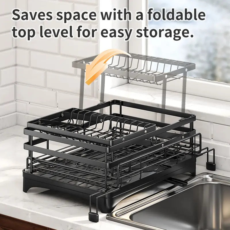 Space-Saving Foldable Over Sink Dish Rack | Pull-Out Double-Tier Dish Drainer Equipped with Utensil Container | Functional Kitchen Organizer Perfect for Limited-Space Kitchens