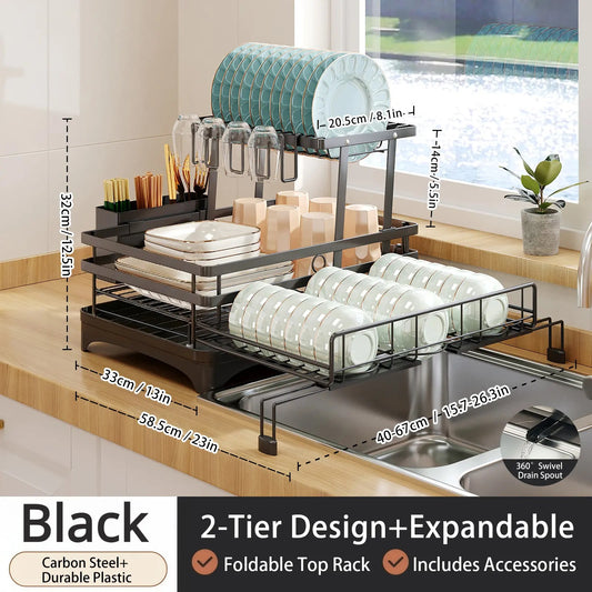 Space-Saving Foldable Over Sink Dish Rack | Pull-Out Double-Tier Dish Drainer Equipped with Utensil Container | Functional Kitchen Organizer Perfect for Limited-Space Kitchens