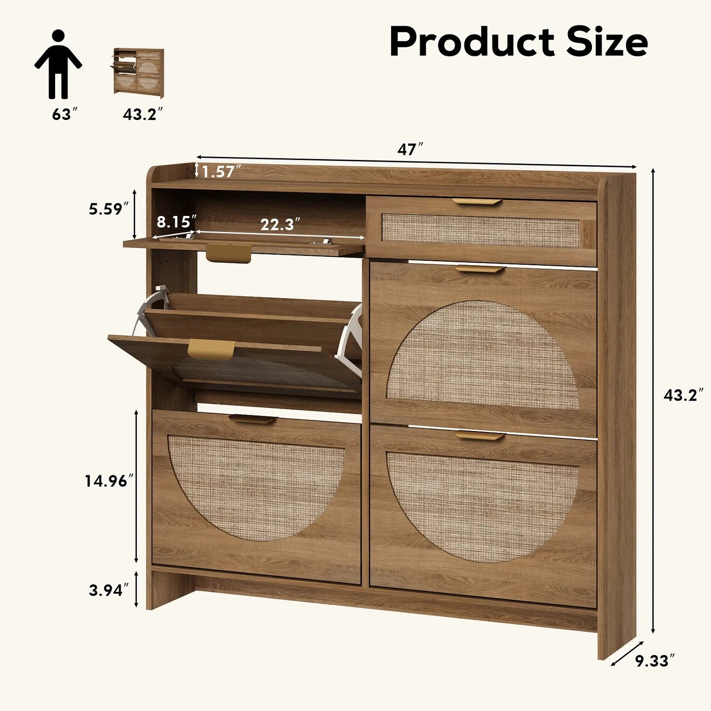 Extra Large Rattan Shoe Storage Cabinet with 4 Flip Drawers & 2 Regular Drawers, Slim Hidden Shoe Organizer for Entryway, Spacious Tabletop Surface, Farmhouse Boho Style Narrow Shoe Cabinet