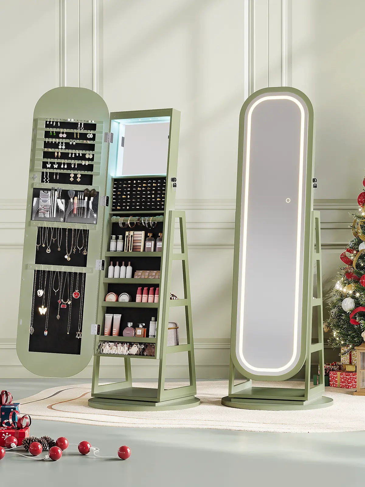 Elegant Lockable 360-Degree Rotating Jewelry Cabinet with Built-In Lights, Freestanding Jewelry Storage Armoire with Inner Mirror & Multi-Tier Storage Shelves, Ideal Bedroom, Cloakroom & Living Room Furniture, Perfect Dorm Must-Haves