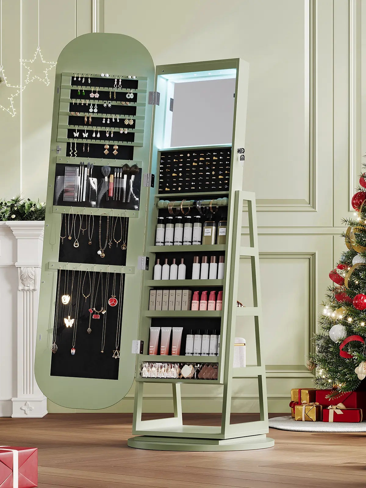 Elegant Lockable 360-Degree Rotating Jewelry Cabinet with Built-In Lights, Freestanding Jewelry Storage Armoire with Inner Mirror & Multi-Tier Storage Shelves, Ideal Bedroom, Cloakroom & Living Room Furniture, Perfect Dorm Must-Haves