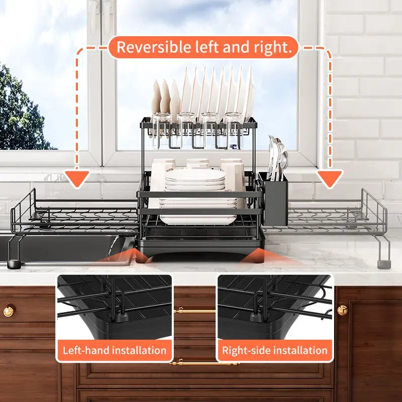 Space-Saving Foldable Over Sink Dish Rack | Pull-Out Double-Tier Dish Drainer Equipped with Utensil Container | Functional Kitchen Organizer Perfect for Limited-Space Kitchens