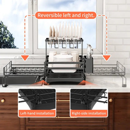 Space-Saving Foldable Over Sink Dish Rack | Pull-Out Double-Tier Dish Drainer Equipped with Utensil Container | Functional Kitchen Organizer Perfect for Limited-Space Kitchens