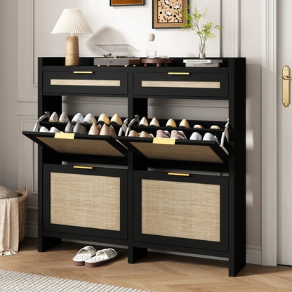 Extra Large Rattan Shoe Storage Cabinet with 4 Flip Drawers & 2 Regular Drawers, Slim Hidden Shoe Organizer for Entryway, Spacious Tabletop Surface, Farmhouse Boho Style Narrow Shoe Cabinet