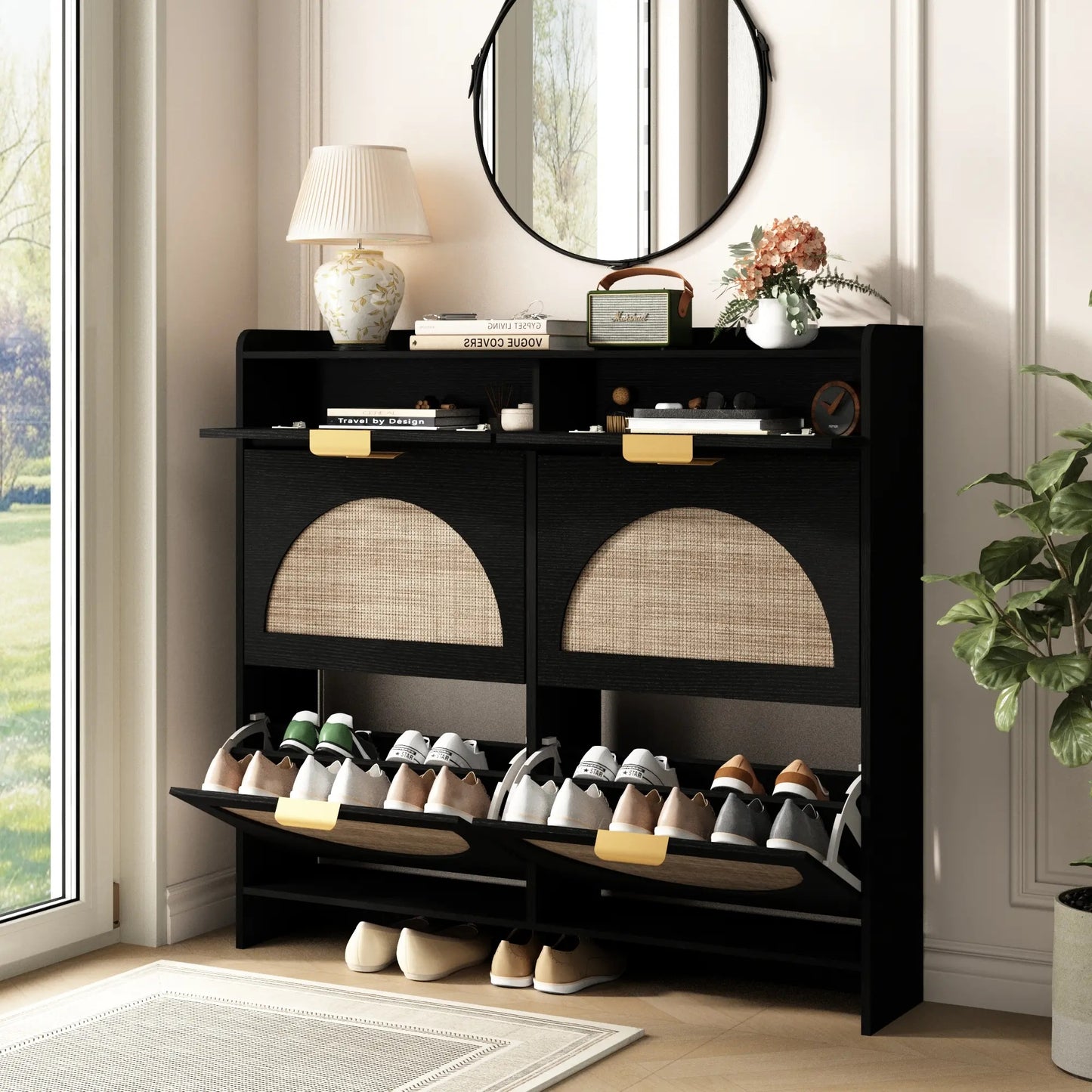 Extra Large Rattan Shoe Storage Cabinet with 4 Flip Drawers & 2 Regular Drawers, Slim Hidden Shoe Organizer for Entryway, Spacious Tabletop Surface, Farmhouse Boho Style Narrow Shoe Cabinet