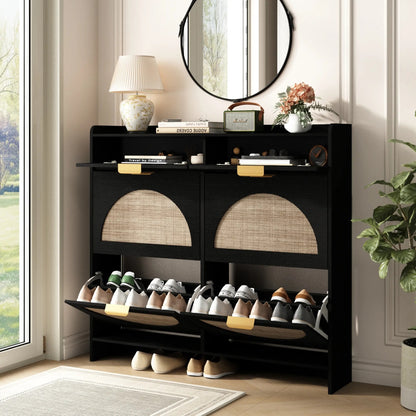 Extra Large Rattan Shoe Storage Cabinet with 4 Flip Drawers & 2 Regular Drawers, Slim Hidden Shoe Organizer for Entryway, Spacious Tabletop Surface, Farmhouse Boho Style Narrow Shoe Cabinet