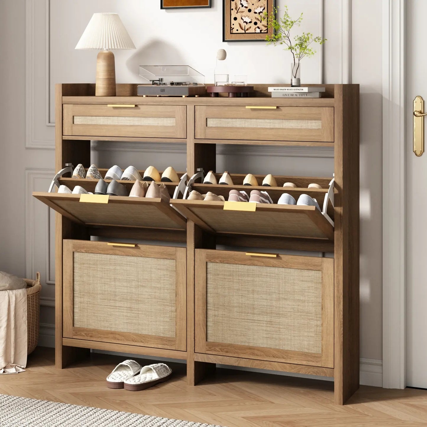 Extra Large Rattan Shoe Storage Cabinet with 4 Flip Drawers & 2 Regular Drawers, Slim Hidden Shoe Organizer for Entryway, Spacious Tabletop Surface, Farmhouse Boho Style Narrow Shoe Cabinet