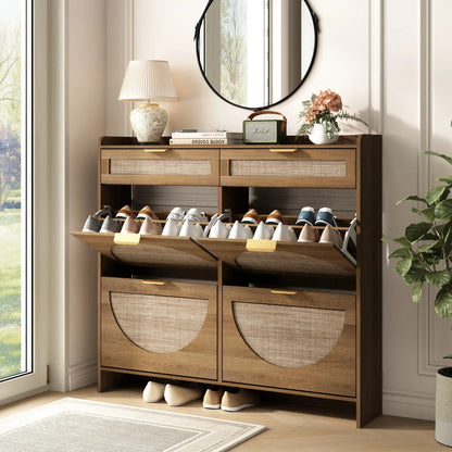 Extra Large Rattan Shoe Storage Cabinet with 4 Flip Drawers & 2 Regular Drawers, Slim Hidden Shoe Organizer for Entryway, Spacious Tabletop Surface, Farmhouse Boho Style Narrow Shoe Cabinet