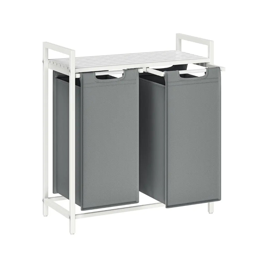 Metal Frame Laundry Sorter Hamper with Top Storage Shelf, 2/3 Compartment Classification Laundry Basket, Detachable Pull-out Wash Bags Available, 2 Grid 46L / 3 Grid 38L Capacity, Adjustable Steel Structure Household Plastic Sundries Storage Organizer