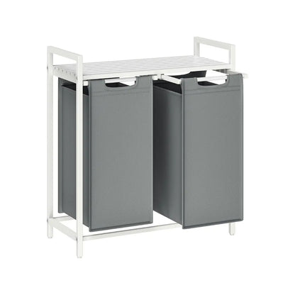 Metal Frame Laundry Sorter Hamper with Top Storage Shelf, 2/3 Compartment Classification Laundry Basket, Detachable Pull-out Wash Bags Available, 2 Grid 46L / 3 Grid 38L Capacity, Adjustable Steel Structure Household Plastic Sundries Storage Organizer