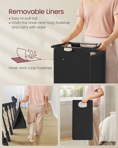 Metal Frame Laundry Sorter Hamper with Top Storage Shelf, 2/3 Compartment Classification Laundry Basket, Detachable Pull-out Wash Bags Available, 2 Grid 46L / 3 Grid 38L Capacity, Adjustable Steel Structure Household Plastic Sundries Storage Organizer