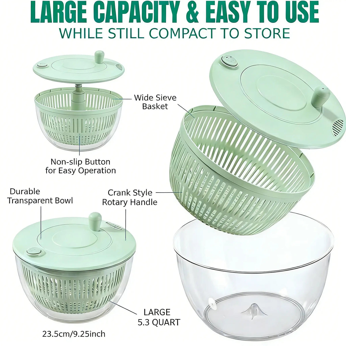 Large 3‑in‑1 Salad Spinner, Fruit & Vegetable Washing Strainer Bowl, Lettuce Dryer with 5‑Blade Slicer & Egg Yolk Separator, 5.3 Qt Multi‑Function Salad Prep Bowl, Practical Kitchen Gadget Set #SummerVibes