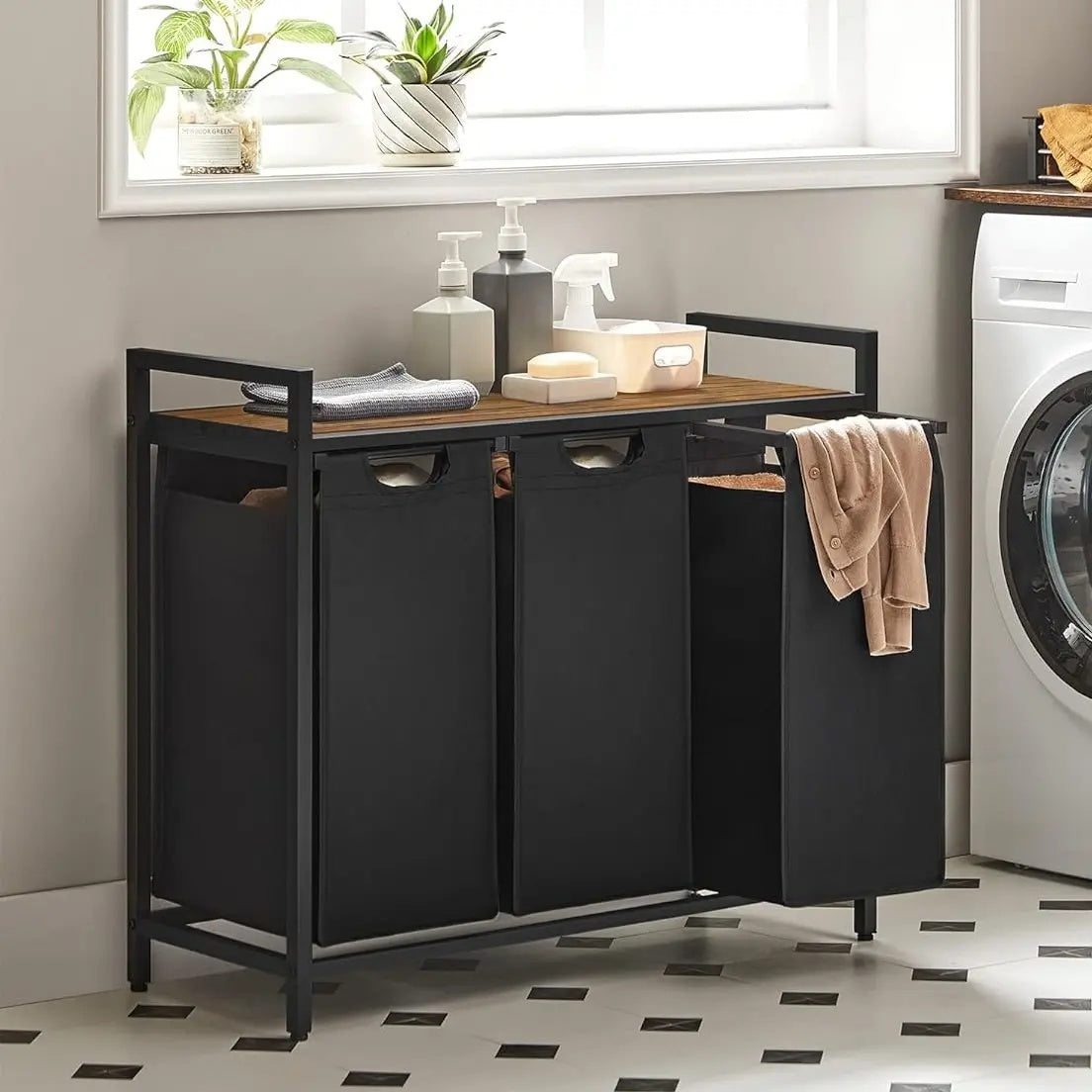 Metal Frame Laundry Sorter Hamper with Top Storage Shelf, 2/3 Compartment Classification Laundry Basket, Detachable Pull-out Wash Bags Available, 2 Grid 46L / 3 Grid 38L Capacity, Adjustable Steel Structure Household Plastic Sundries Storage Organizer