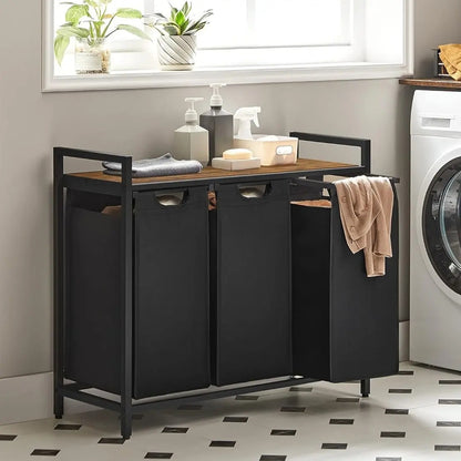 Metal Frame Laundry Sorter Hamper with Top Storage Shelf, 2/3 Compartment Classification Laundry Basket, Detachable Pull-out Wash Bags Available, 2 Grid 46L / 3 Grid 38L Capacity, Adjustable Steel Structure Household Plastic Sundries Storage Organizer