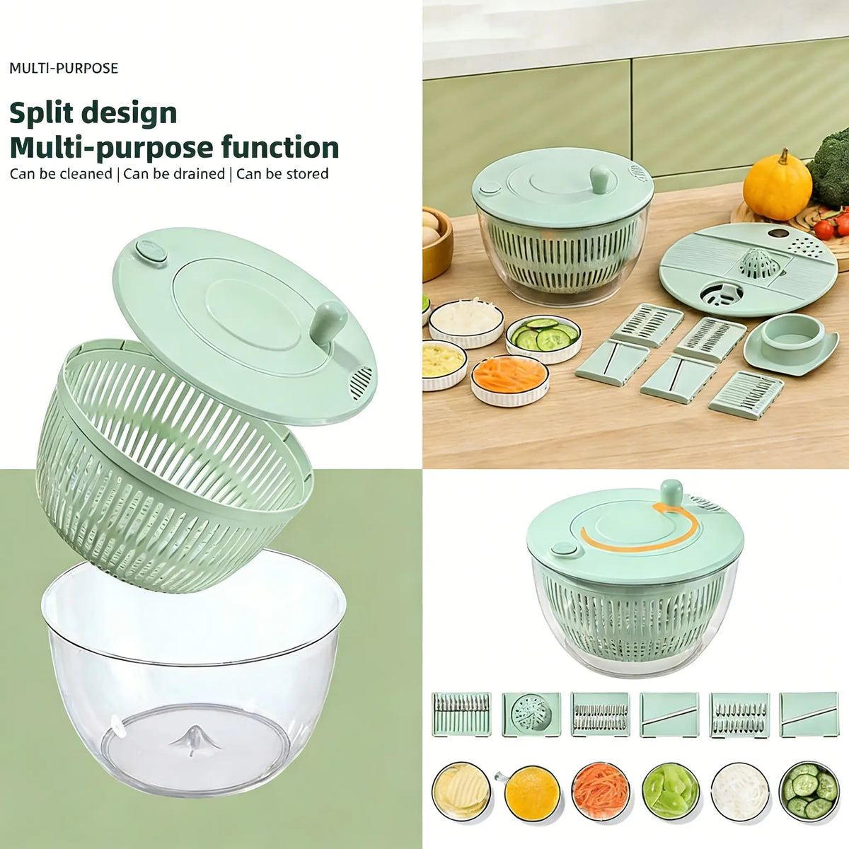 Large 3‑in‑1 Salad Spinner, Fruit & Vegetable Washing Strainer Bowl, Lettuce Dryer with 5‑Blade Slicer & Egg Yolk Separator, 5.3 Qt Multi‑Function Salad Prep Bowl, Practical Kitchen Gadget Set #SummerVibes