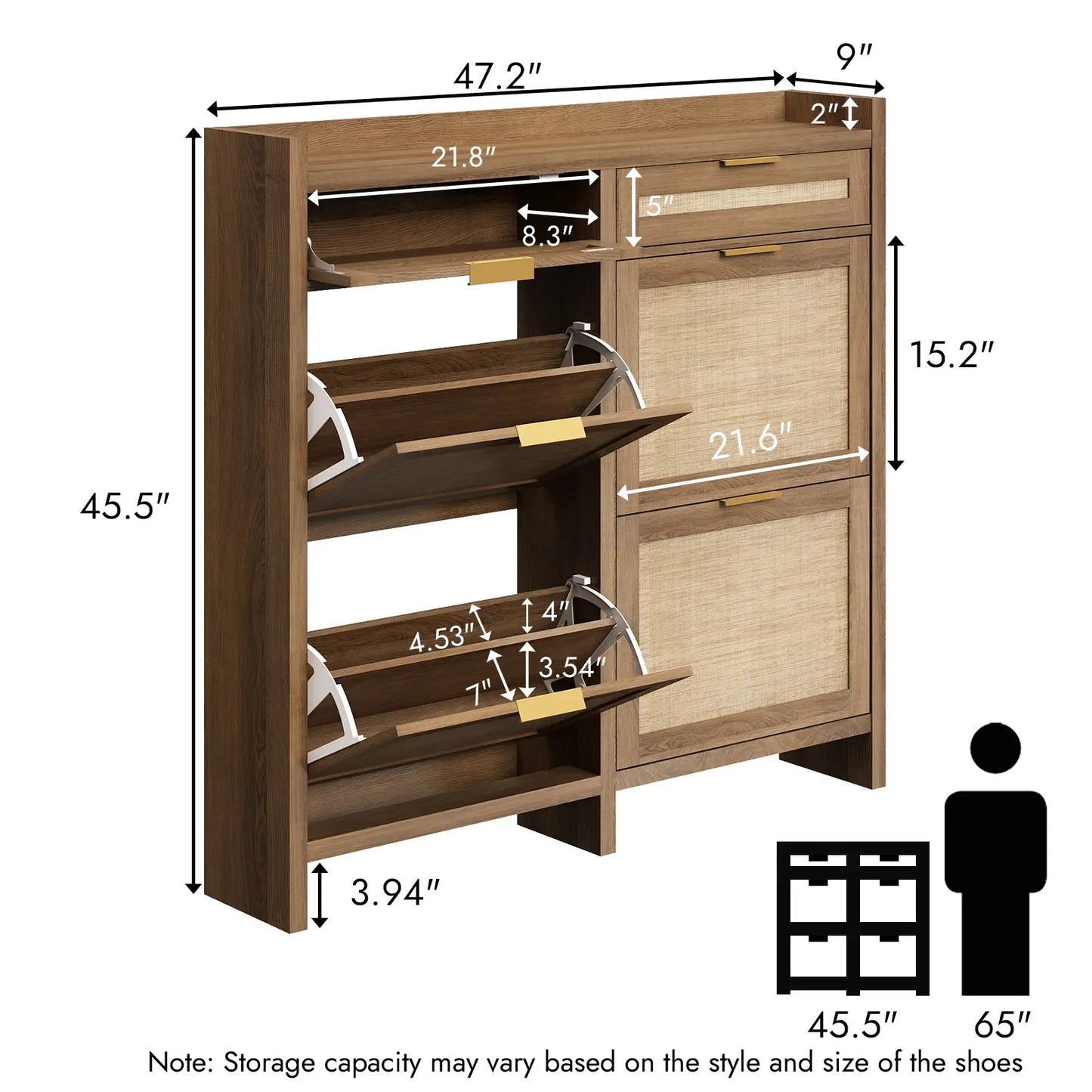 Extra Large Rattan Shoe Storage Cabinet with 4 Flip Drawers & 2 Regular Drawers, Slim Hidden Shoe Organizer for Entryway, Spacious Tabletop Surface, Farmhouse Boho Style Narrow Shoe Cabinet
