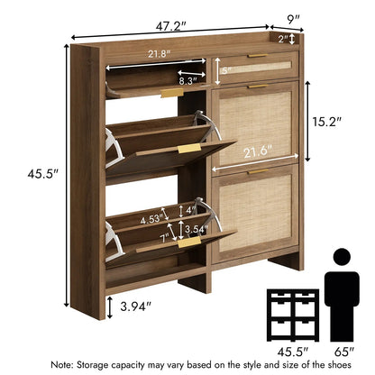 Extra Large Rattan Shoe Storage Cabinet with 4 Flip Drawers & 2 Regular Drawers, Slim Hidden Shoe Organizer for Entryway, Spacious Tabletop Surface, Farmhouse Boho Style Narrow Shoe Cabinet