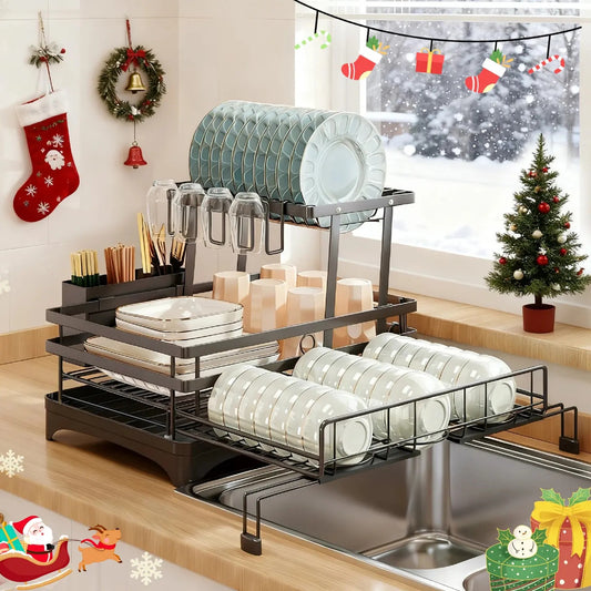 Space-Saving Foldable Over Sink Dish Rack | Pull-Out Double-Tier Dish Drainer Equipped with Utensil Container | Functional Kitchen Organizer Perfect for Limited-Space Kitchens