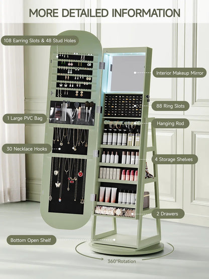 Elegant Lockable 360-Degree Rotating Jewelry Cabinet with Built-In Lights, Freestanding Jewelry Storage Armoire with Inner Mirror & Multi-Tier Storage Shelves, Ideal Bedroom, Cloakroom & Living Room Furniture, Perfect Dorm Must-Haves